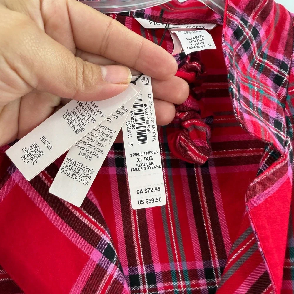 Victorias Secret Red Pink Plaid Pajama Top XL/XG Metallic Lurex & Scrunchie NEW